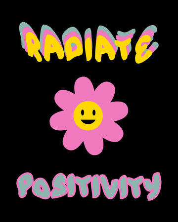 Radiate positivity groovy slogan in 1970s style. Perfect retro print for T-shirt, sticker, poster. Hand drawn vector illustration for decor and design.のイラスト素材