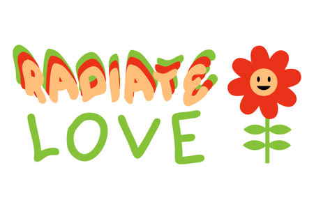 Radiate love slogan in retro style. Perfect groovy print for T-shirt, sticker, poster. Hand drawn vector illustration for decor and design.のイラスト素材