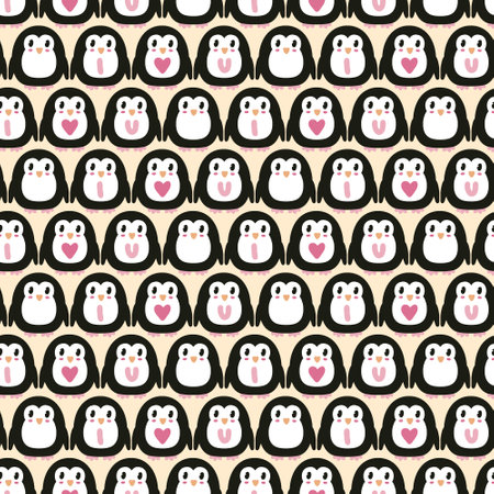 Cartoon style penguins and hearts seamless pattern. Perfect print for paper, textile and fabric. Hand drawn illustration for decor and design.の写真素材