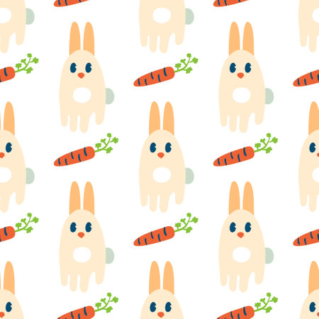Cute childish seamless pattern with rabbits and carrots. Retro style print for T-shirt, textile, fabric, paper. Hand drawn vector illustration for decor and design.のイラスト素材