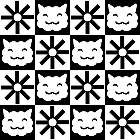 Checkered seamless pattern with happy cats faces and sun. Geometric print for tee, poster, textile and fabric. Simple vector background for decor and design.のイラスト素材