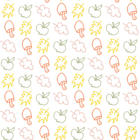 Doodle mushrooms, apples and leaves seamless pattern. Autumn print for tee, paper, fabric, textile. Hand drawn illustration for decor and design.の写真素材