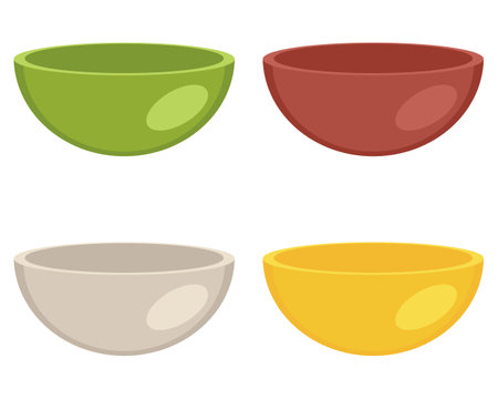 Empty bowls of different colors collection. Perfect for stickers, poster, menu and print. Isolated vector illustration for decor and design.のイラスト素材