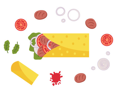 Carne asada mexican fastfood burrito recipe ingredients. Perfect for tee, stickers, menu and stationery. Isolated vector illustration for decor and design.のイラスト素材