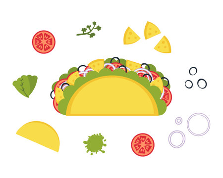 Cheese and olives mexican fastfood taco recipe ingredients. Perfect for tee, stickers, menu and stationery. Isolated vector illustration for decor and design.のイラスト素材