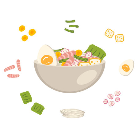 Shrimp asian food ramen soup recipe ingredients. Perfect for tee, stickers, menu and stationery. Vector illustration for decor and design.のイラスト素材