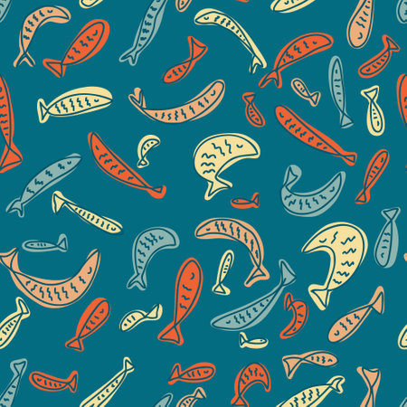 Hand drawn multicolored fishes seamless pattern. Perfect print for tee, paper, textile and fabric. Animalistic vector background for decor and design.のイラスト素材