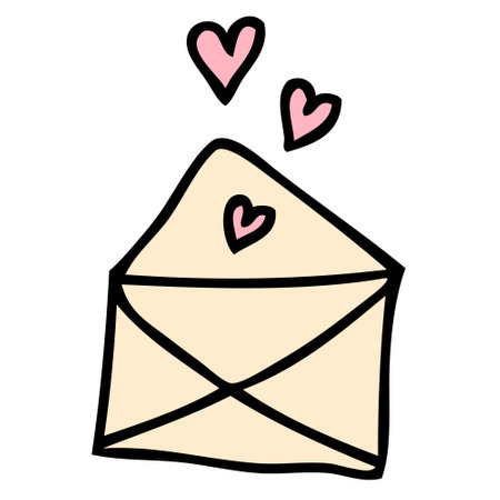 Hand drawn Valentine open envelope love letter in doodle style. Perfect for tee, stickers, cards. Isolated vector illustration for decor and design.のイラスト素材