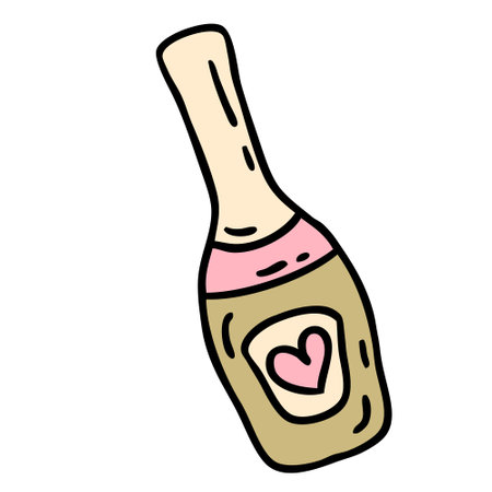 Hand drawn festive bottle of champagne in doodle style. Perfect for tee, stickers, cards. Isolated vector illustration for decor and design.のイラスト素材