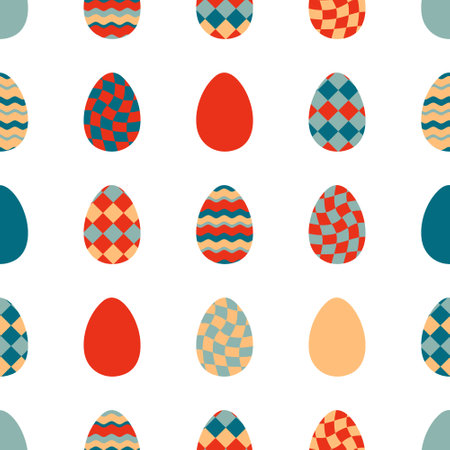 Easter seamless pattern with checkered and wavy eggs. Perfect print for tee, paper, fabric, textile. Groovy vector illustration for decor and design.のイラスト素材