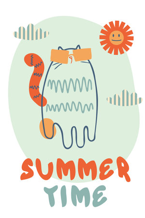 Slogan SUMMER TIME in retro style with cat in sunglasses. Perfect print for tee, poster, card, sticker. vector illustration.のイラスト素材