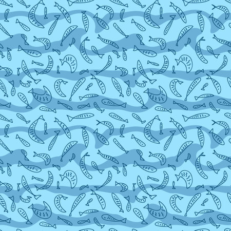 Retro style seamless pattern with doodle fishes on waved background. Perfect print for tee, paper, textile and fabric. Animalistic illustration for decor and design.の写真素材