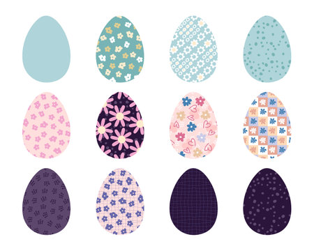 Easter eggs floral collection in 1970 retro style. Perfect for stickers, cards, print. Isolated vector illustration for decor and design.のイラスト素材