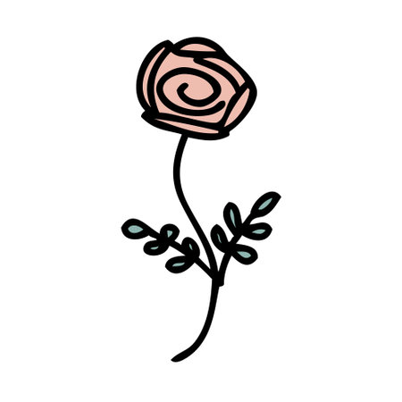 Hand drawn rose flower in simple doodle style. Perfect for tee, stickers, poster, card. Isolated vector illustration for decor and design.のイラスト素材