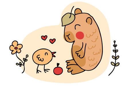 Doodle kawaii capybara and chick in free hand drawn style. Perfect for tee, stickers, poster, card. Isolated vector illustration for decor and design.のイラスト素材