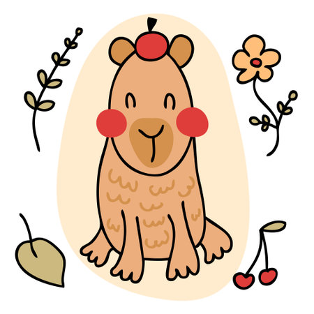 Hand drawn cheerful capybara in doodle style. Perfect for tee, stickers, poster, card. Isolated vector illustration for decor and design.のイラスト素材