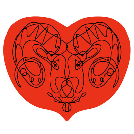 Chaotic line zodiac doodle sign Aries on heart shape. Perfect print for tee, stickers, cards. Isolated vector illustration for decor and design.のイラスト素材