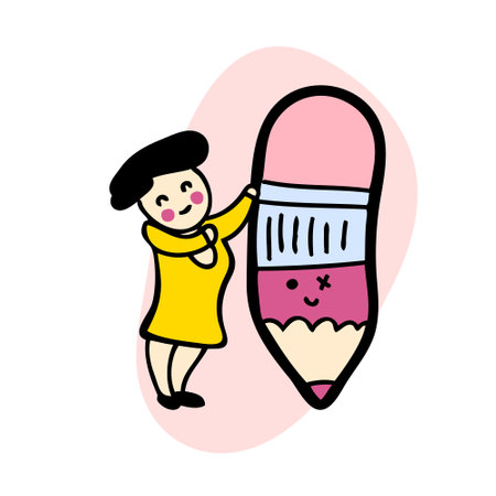 Doodle standing student woman with giant pencil. Drawing, writing, creating, design, blogging concept. hand drawn vector illustration.のイラスト素材