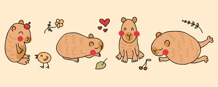 Hand drawn mug print with cute capybaras. Doodle vector illustration for decor and design.のイラスト素材