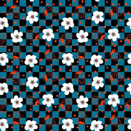 Hippie aesthetic strawberries and flowers seamless pattern on grid background. Groovy checkerboard print for fabric, paper, T-shirt. Summer harvest illustration for decor and design.の写真素材