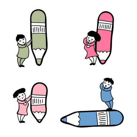 Various people with a giant pencils collection in doodle style. Drawing, writing, creating, design, blogging concept. hand drawn vector illustration.のイラスト素材