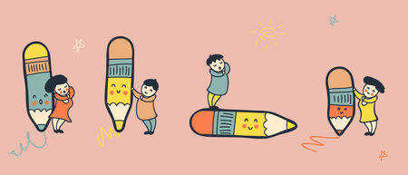Various people with a giant pencils collection in retro style. Drawing, writing, creating, design, blogging concept. hand drawn vector illustration.のイラスト素材