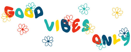 GOOD VIBES ONLY slogan cup print with daisies in retro style. Hand drawn floral mug vector illustration.のイラスト素材
