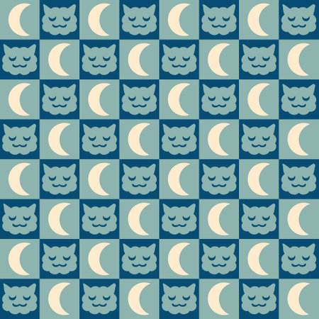 Night seamless pattern with sleepy cats faces and moon in retro swiss style. Geometric checkered print for tee, paper, textile and fabric. Vintage background for decor and design.の写真素材