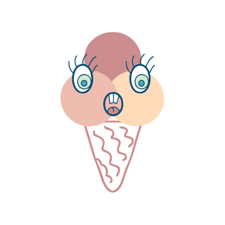 Surprised face three balls ice cream cone character with doodle eyes. Perfect print for tee, sticker, poster. Funny vector illustration for decor and design.のイラスト素材