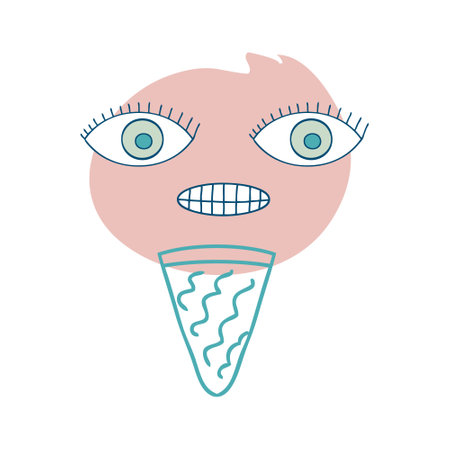 Crazy face ice cream cone character with doodle eyes in retro style. Perfect print for tee, sticker, poster. Psychedelic vector illustration for decor and design.のイラスト素材