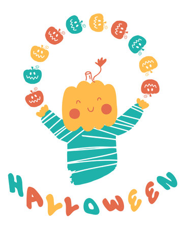 Halloween print with pumpkin man and text. Perfect for tee, sticker, poster and card. Isolated vector illustration for decor and design.のイラスト素材