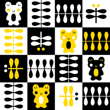 Swiss aesthetic seamless pattern with frogs and dragonflies. Geometric checkered print for tee, poster, textile and fabric. Cute vector background.のイラスト素材