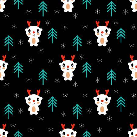 Xmas seamless pattern with deers and christmas trees. Happy New year print for tee, paper, textile and fabric. Kawaii vector illustration for decor and design.のイラスト素材
