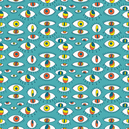 Psychedelic seamless pattern with doodle eyes. Groovy retro print for tee, textile and fabric. Hand drawn illustration for decor and design.の写真素材