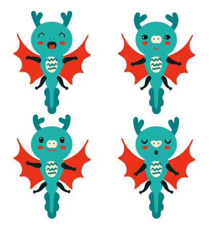 Hand drawn cute flying dragons vector clipart collection. Animal Happy New Year 2024 cartoon character set. Perfect for tee, poster, greeting card, stickers.のイラスト素材