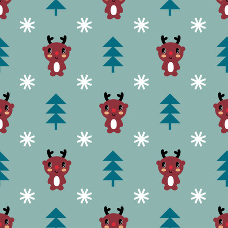 New year cartoon seamless pattern with deers and snowflakes. Christmas print for tee, paper, textile and fabric. Cute vector illustration for decor and design.のイラスト素材