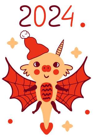 Happy New Year 2024 template with cute flying dragon cartoon character. Perfect for tee, poster, card, sticker. Doodle vector illustration.のイラスト素材