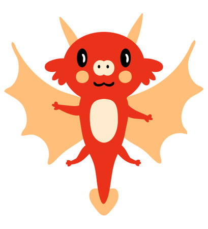 Kawaii flying dragon Happy New Year 2024 cartoon character. Perfect for tee, poster, greeting card, sticker. Hand drawn isolated vector illustration.のイラスト素材