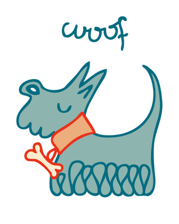 Hand drawn cute shaggy dog in collar and text woof. Animal cartoon vector character. Perfect print for tee, poster, card, sticker.のイラスト素材