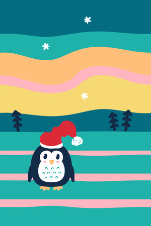 New Year penguin in a cap with Christmas trees under the sky with the polar lights. Perfect vector print for poster, card, banner. Vertical illustration.のイラスト素材