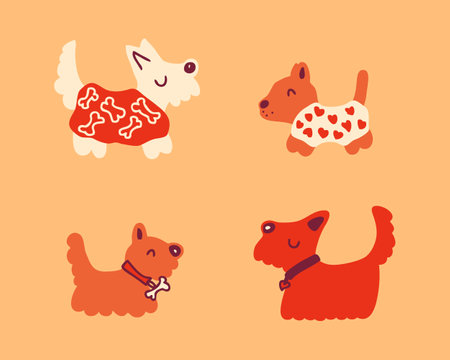 Hand drawn vector graphic clipart with silhouettes dogs in coats and collars. Doodle cartoon animals collection. Perfect for tee, poster, card, sticker.のイラスト素材