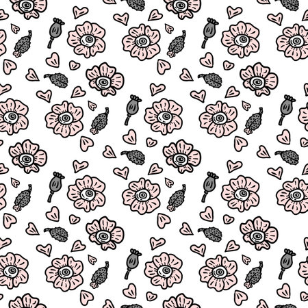 Gothic seamless pattern with big eyed poppy flowers and buds. Mystic print for tee, paper, textile and fabric. Hand drawn vector illustration.のイラスト素材
