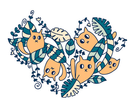Heart shaped doodle pattern with cute cats in the rainforest. Love for pets concept. Pastel delicate colors. Hand drawn vector illustration for any purpose.のイラスト素材