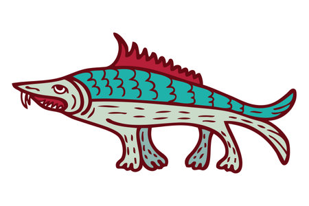 Doodle medieval bestiary style crocodile fish. Perfect for sticker, card, poster. Hand drawn isolated vector illustration.のイラスト素材
