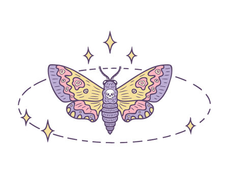 Hawk moth acherontia atropos butterfly round magic linear shape with stars. Abstract mystic sign. Perfect design for magic craft. Hand drawn vector illustration.のイラスト素材