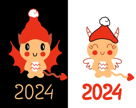 Chibi dragon cartoon character New Year 2024 template collection. Perfect vector illustration for poster, card, banner. Vertical print for decor and design.のイラスト素材