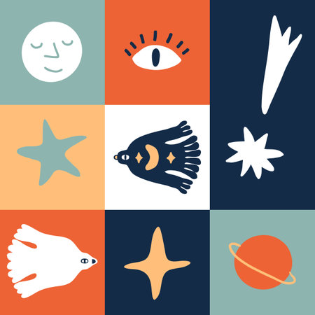 Swiss style pattern with birds, squares and space elements. Perfect print for tee, paper, textile and fabric. Hand drawn vector illustration.のイラスト素材