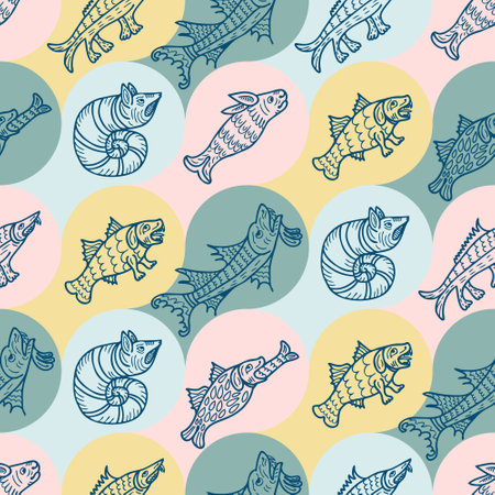 Sketch style ancient sea monsters and beasts seamless pattern. Mysterious print for tee, paper, textile and fabric. Doodle vector illustration.のイラスト素材