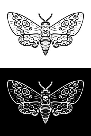 Monochrome acherontia atropos hawk moth doodle. Perfect print for tee, poster, card, sticker, banner. Hand drawn vector illustration.のイラスト素材