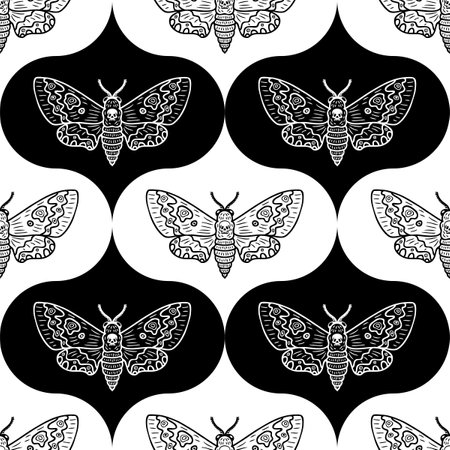 Monochrome hawk moth death head butterfly seamless pattern. Perfect print for tee, poster, card, sticker, banner. Doodle vector illustration.のイラスト素材